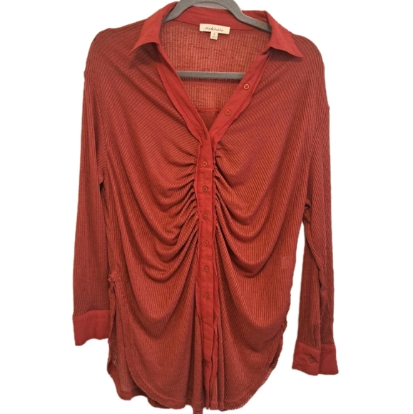 Oli & Hali Button Down Shirt Chili Red Shirred Oversized Top Bohemian Boho Sz S - Picture 2 of 12